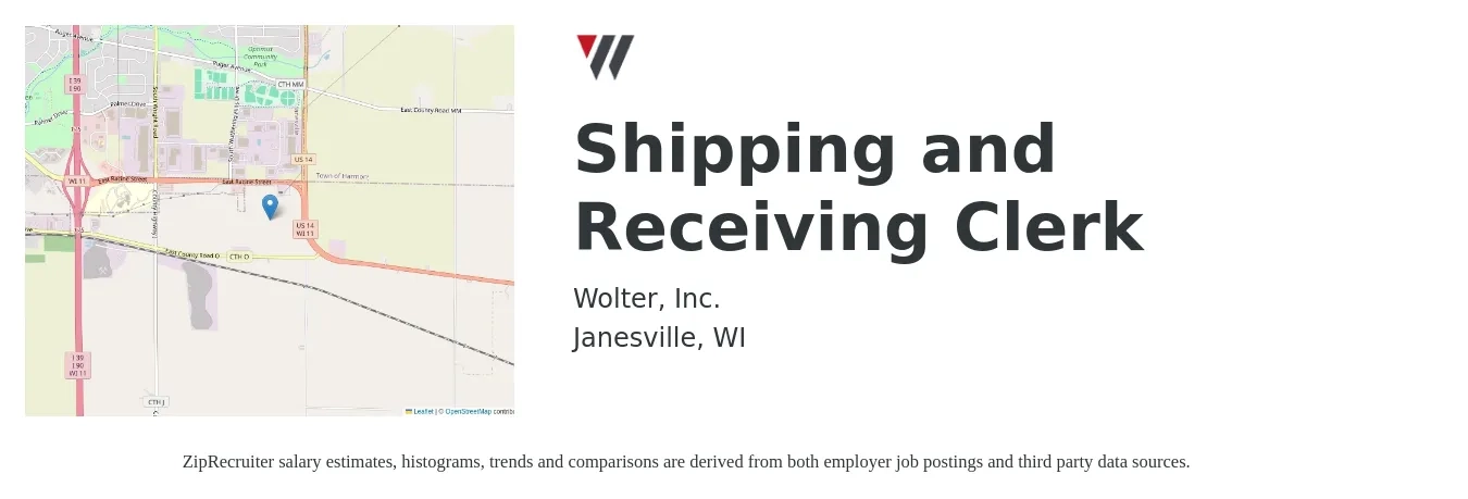 Wolter, Inc. job posting for a Shipping and Receiving Clerk in Janesville, WI with a salary of $15 to $18 Hourly with a map of Janesville location.