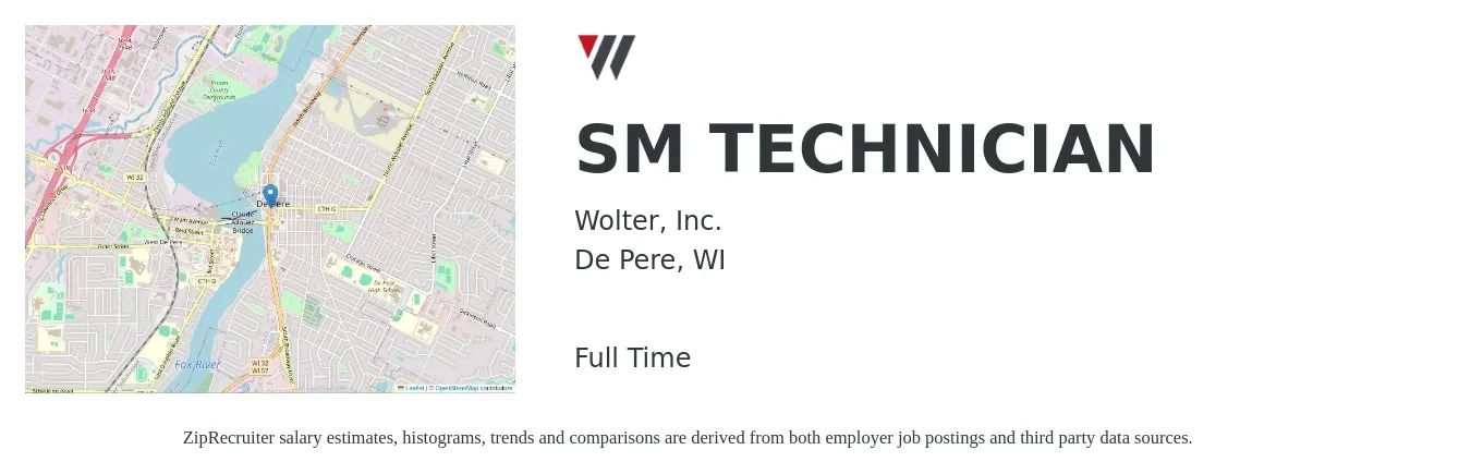 Wolter, Inc. job posting for a SM TECHNICIAN in De Pere, WI with a map of De Pere location.