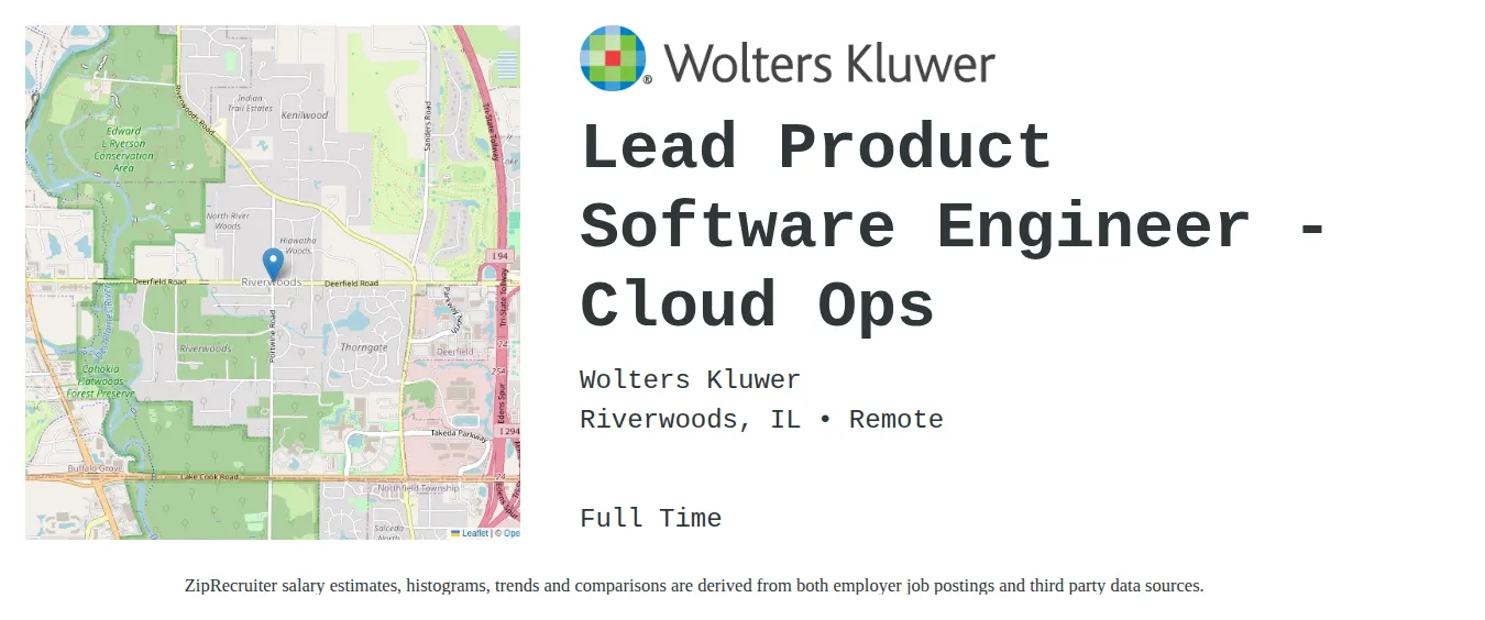 Wolters Kluwer job posting for a Lead Product Software Engineer - Cloud Ops in Wichita, KS with a salary of $54 to $70 Hourly and benefits including Medical, Vision, Dental, PTO, and Retirement with a map of Wichita location.