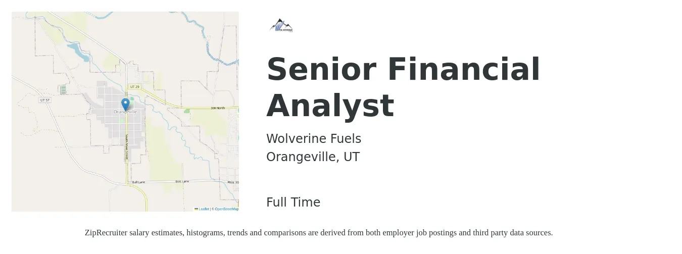 Wolverine Fuels job posting for a Senior Financial Analyst in Orangeville, UT with a salary of $78,300 to $97,500 Yearly with a map of Orangeville location.
