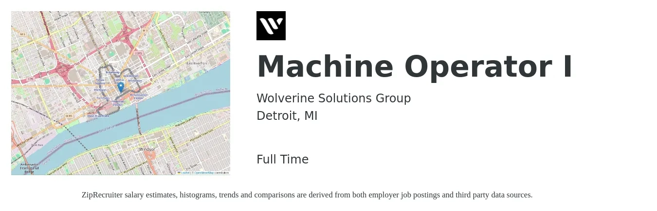 Wolverine Solutions Group job posting for a Machine Operator I in Detroit, MI with a salary of $17 to $20 Hourly with a map of Detroit location.