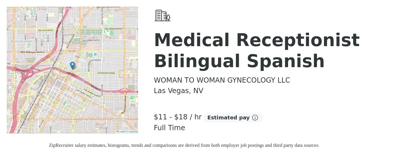 WOMAN TO WOMAN GYNECOLOGY LLC job posting for a Medical Receptionist Bilingual Spanish in Las Vegas, NV with a salary of $12 to $19 Hourly with a map of Las Vegas location.