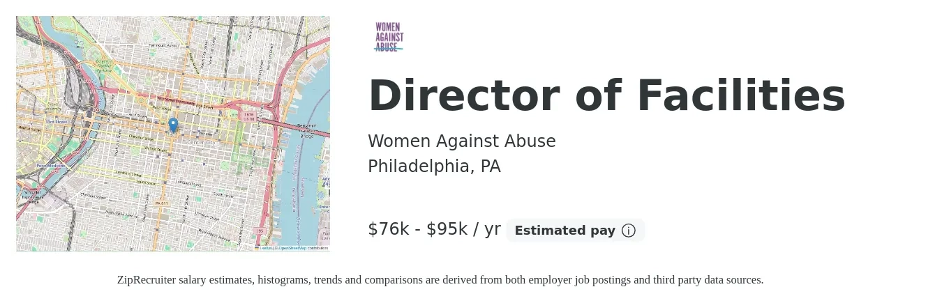 Women Against Abuse job posting for a Director of Facilities in Philadelphia, PA with a salary of $76,500 to $95,500 Yearly with a map of Philadelphia location.