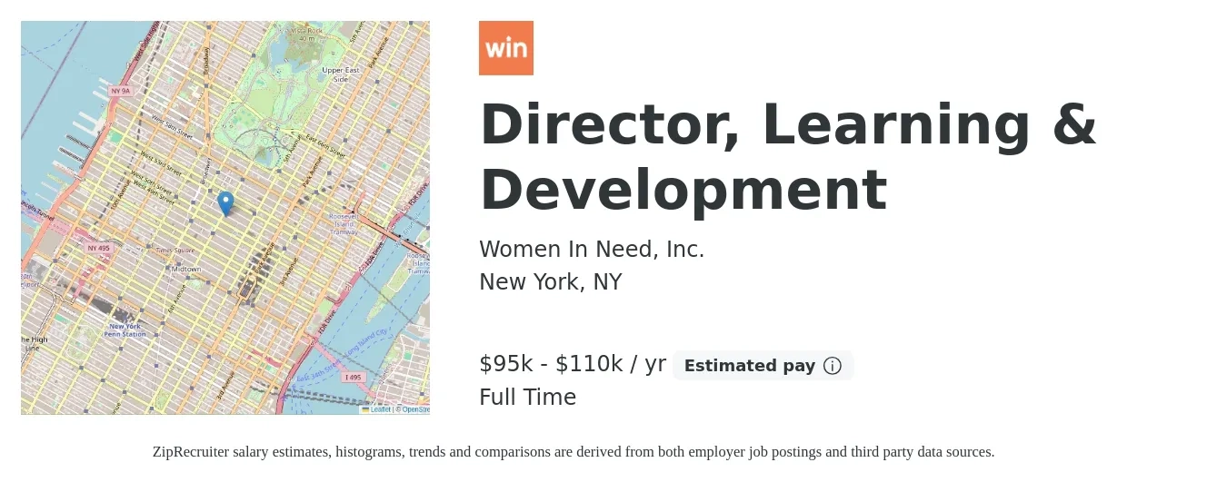Women In Need, Inc. job posting for a Director, Learning & Development in New York, NY with a salary of $95,000 to $110,000 Yearly with a map of New York location.