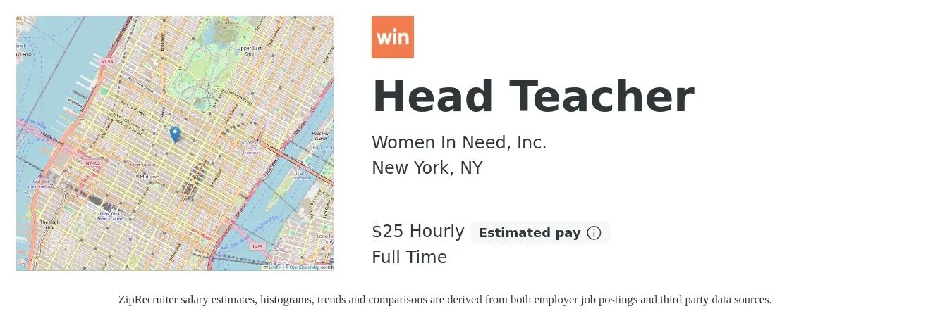 Women In Need, Inc. job posting for a Head Teacher in New York, NY with a salary of $26 Hourly and benefits including life_insurance, medical, pto, and retirement with a map of New York location.