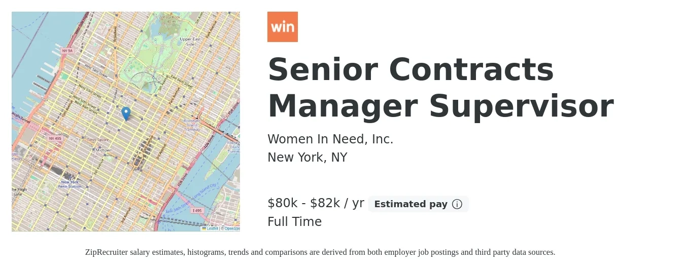 Women In Need, Inc. job posting for a Senior Contracts Manager Supervisor in New York, NY with a salary of $80,000 to $82,000 Yearly with a map of New York location.