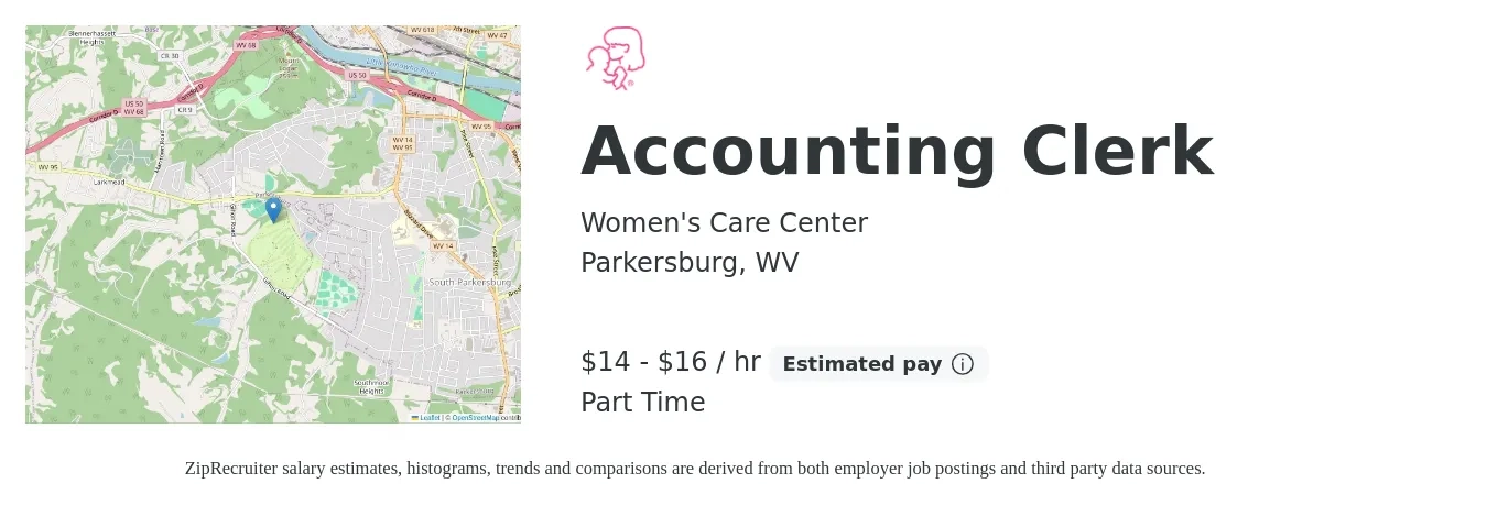 Women's Care Center job posting for a Accounting Clerk in Parkersburg, WV with a salary of $15 to $17 Hourly and benefits including pto, and retirement with a map of Parkersburg location.