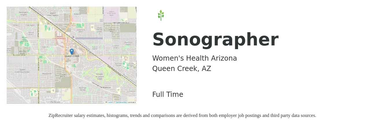 Women's Health Arizona job posting for a Sonographer in Queen Creek, AZ with a salary of $1,620 to $2,740 Weekly with a map of Queen Creek location.