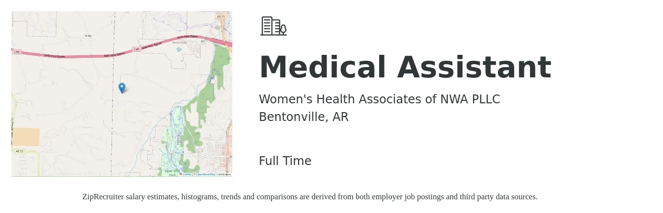 Women's Health Associates of NWA PLLC job posting for a Medical Assistant in Bentonville, AR with a salary of $15 to $19 Hourly with a map of Bentonville location.