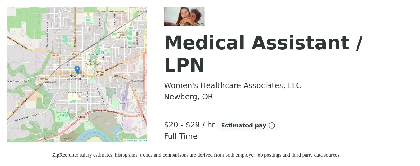 Women's Healthcare Associates, LLC job posting for a Medical Assistant / LPN in Newberg, OR with a salary of $21 to $31 Hourly with a map of Newberg location.