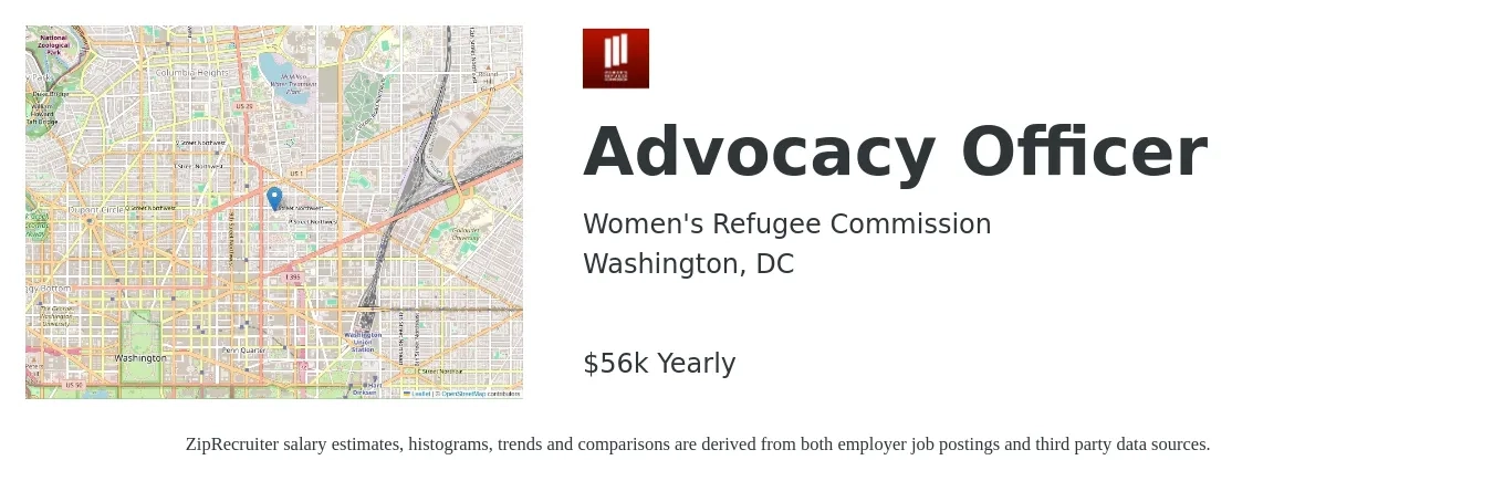 Women's Refugee Commission job posting for a Advocacy Officer in Washington, DC with a salary of $56,305 Yearly with a map of Washington location.
