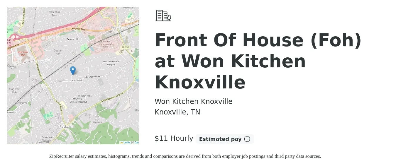 Won Kitchen Knoxville job posting for a Front Of House (Foh) at Won Kitchen Knoxville in Knoxville, TN with a salary of $12 Hourly with a map of Knoxville location.