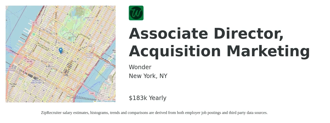 Wonder job posting for a Associate Director, Acquisition Marketing in New York, NY with a salary of $183,750 Yearly with a map of New York location.