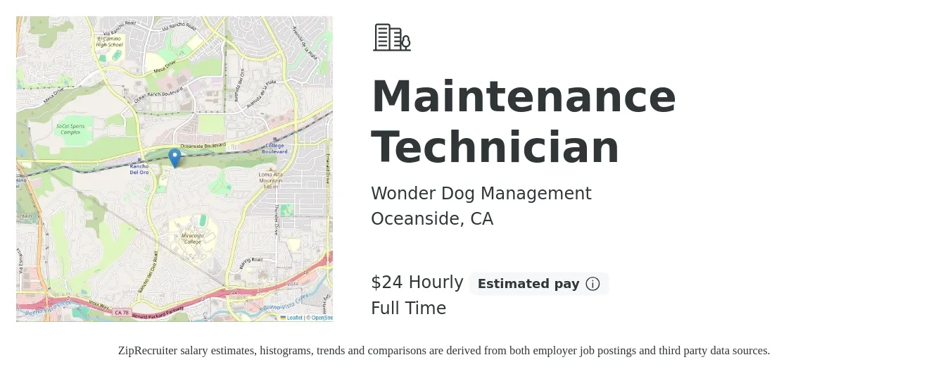 Wonder Dog Management job posting for a Maintenance Technician in Oceanside, CA with a salary of $25 Hourly with a map of Oceanside location.