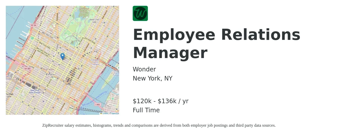 Wonder job posting for a Employee Relations Manager in New York, NY with a salary of $120,750 to $136,500 Yearly with a map of New York location.