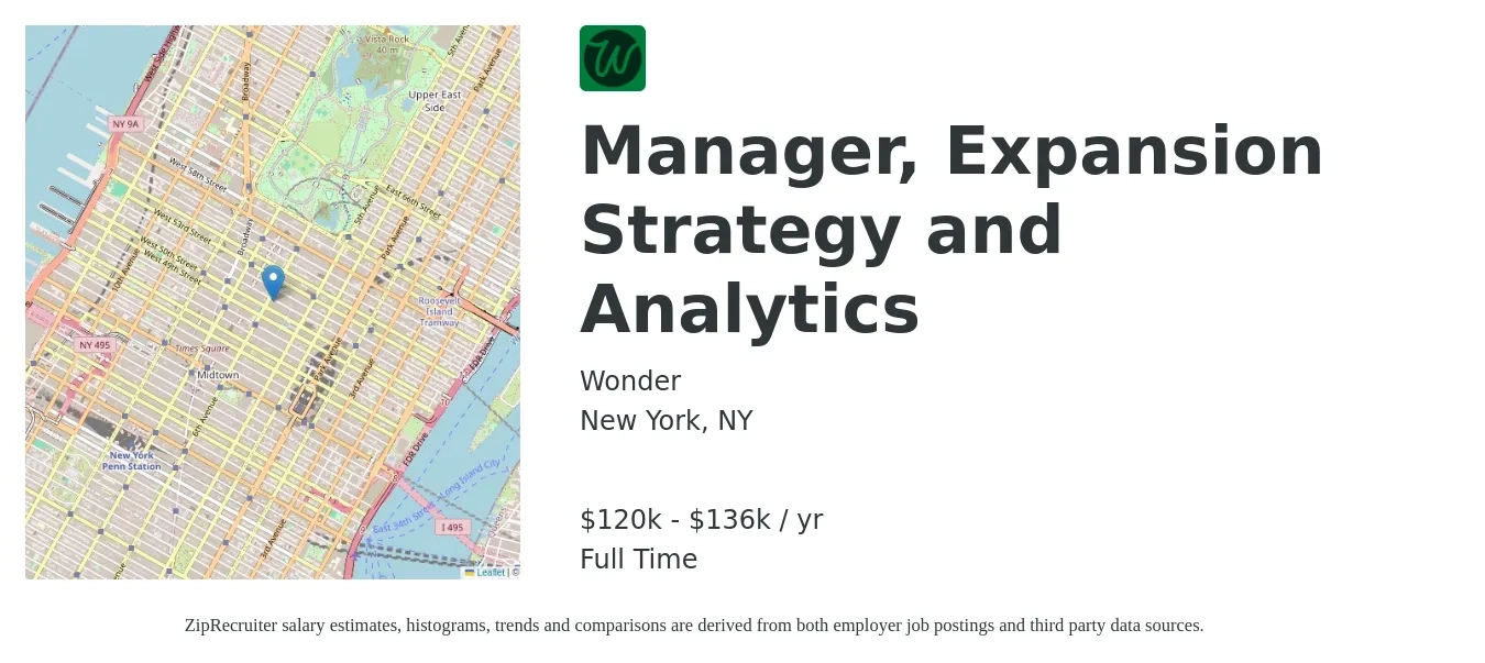 Wonder job posting for a Manager, Expansion Strategy and Analytics in New York, NY with a salary of $120,750 to $136,500 Yearly with a map of New York location.