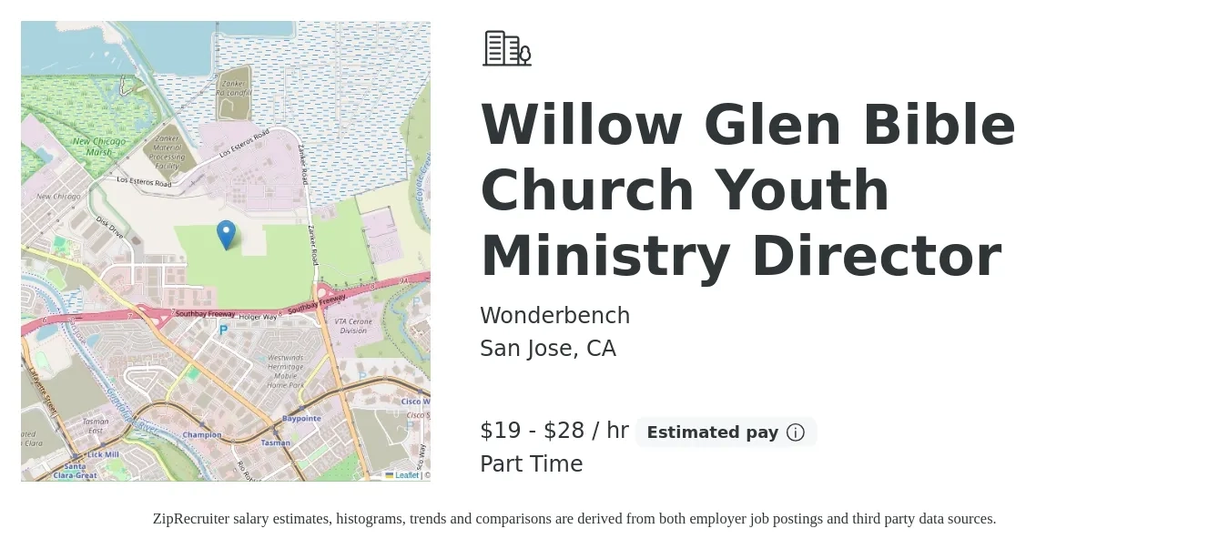 Wonderbench job posting for a Willow Glen Bible Church Youth Ministry Director in San Jose, CA with a salary of $20 to $30 Hourly with a map of San Jose location.