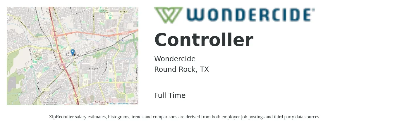 Wondercide job posting for a Controller in Round Rock, TX with a salary of $90,500 to $129,200 Yearly with a map of Round Rock location.