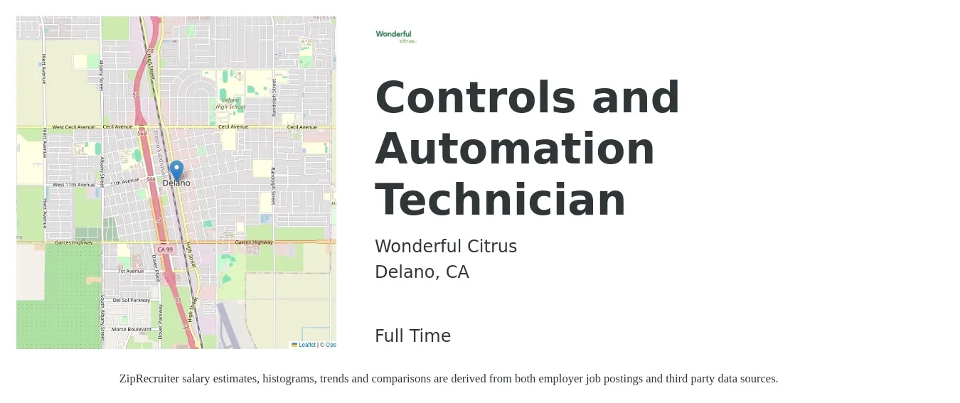 Wonderful Citrus job posting for a Controls and Automation Technician in Delano, CA with a salary of $32 to $42 Hourly with a map of Delano location.