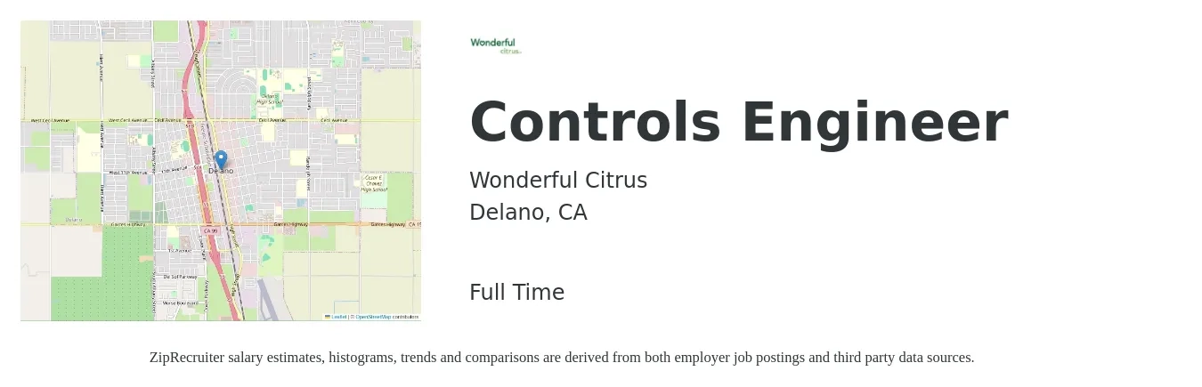Wonderful Citrus job posting for a Controls Engineer in Delano, CA with a salary of $100,000 to $120,000 Yearly with a map of Delano location.