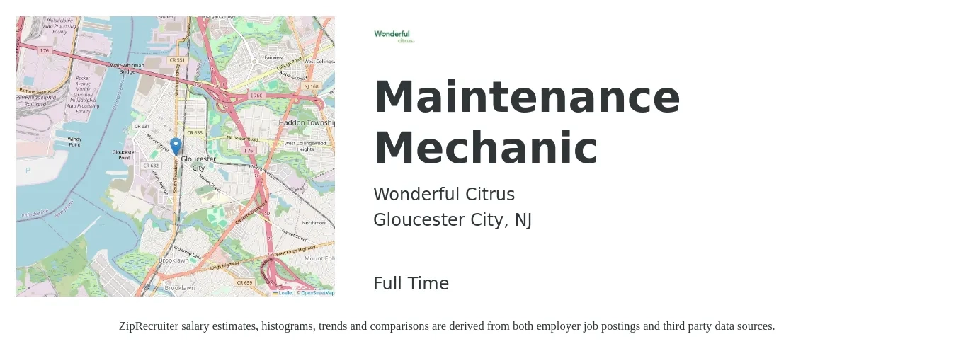 Wonderful Citrus job posting for a Maintenance Mechanic in Gloucester City, NJ with a salary of $26 to $33 Hourly with a map of Gloucester City location.