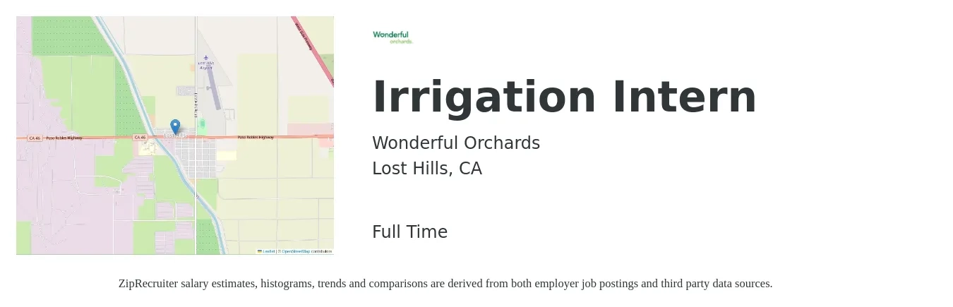 Wonderful Orchards job posting for a Irrigation Intern in Lost Hills, CA with a salary of $18 Hourly with a map of Lost Hills location.