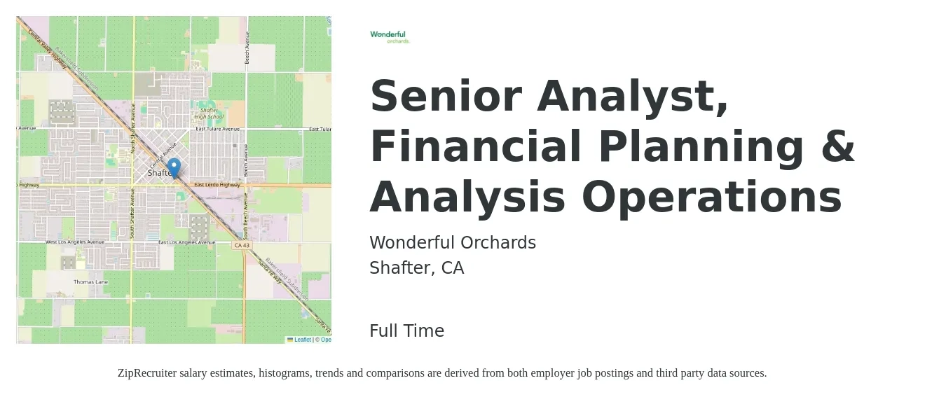 Wonderful Orchards job posting for a Senior Analyst, Financial Planning & Analysis Operations in Shafter, CA with a salary of $90,000 to $100,000 Yearly with a map of Shafter location.