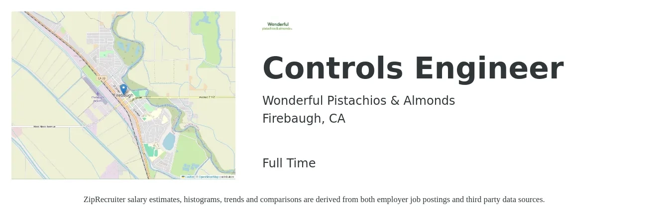 Wonderful Pistachios & Almonds job posting for a Controls Engineer in Firebaugh, CA with a salary of $80,000 to $120,000 Yearly with a map of Firebaugh location.
