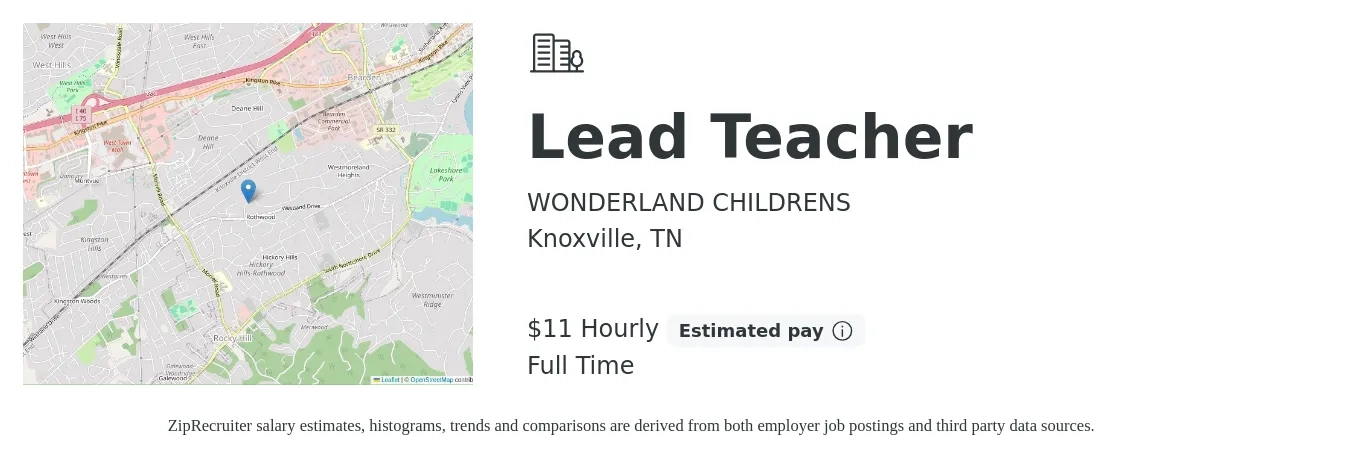 WONDERLAND CHILDRENS job posting for a Lead Teacher in Knoxville, TN with a salary of $12 Hourly with a map of Knoxville location.