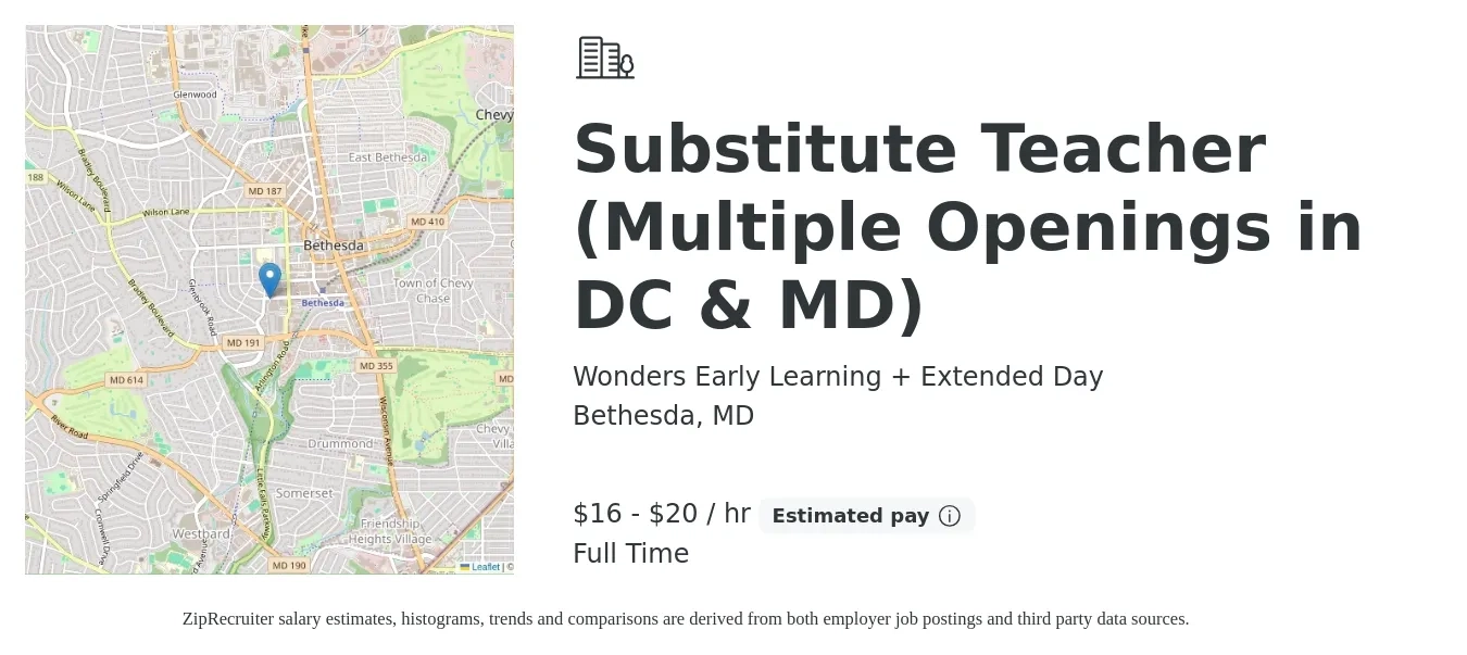 Wonders Early Learning + Extended Day job posting for a Substitute Teacher (Multiple Openings in DC & MD) in Bethesda, MD with a salary of $17 to $21 Hourly with a map of Bethesda location.