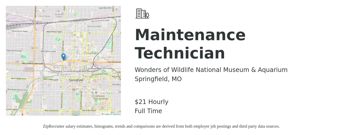 Wonders of Wildlife National Museum & Aquarium job posting for a Maintenance Technician in Springfield, MO with a salary of $22 Hourly with a map of Springfield location.