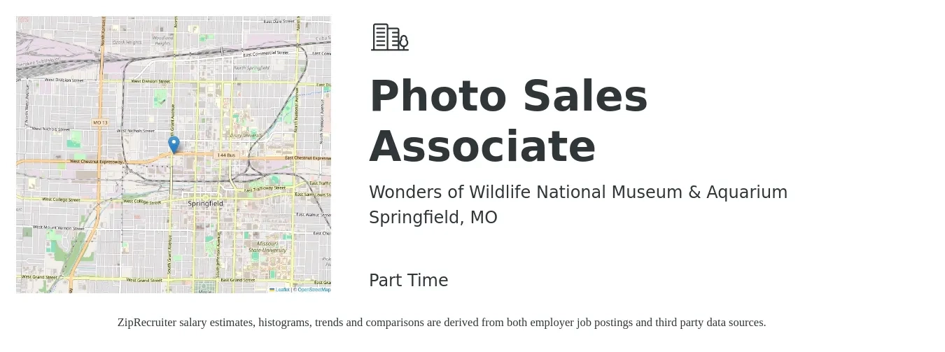Wonders of Wildlife National Museum & Aquarium job posting for a Photo Sales Associate in Springfield, MO with a salary of $13 to $17 Hourly with a map of Springfield location.