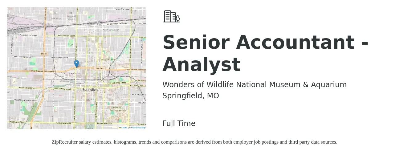 Wonders of Wildlife National Museum & Aquarium job posting for a Senior Accountant - Analyst in Springfield, MO with a salary of $69,100 to $84,300 Yearly with a map of Springfield location.