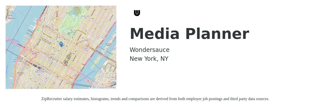 Wondersauce job posting for a Media Planner in New York, NY with a salary of $65,600 to $90,900 Yearly with a map of New York location.