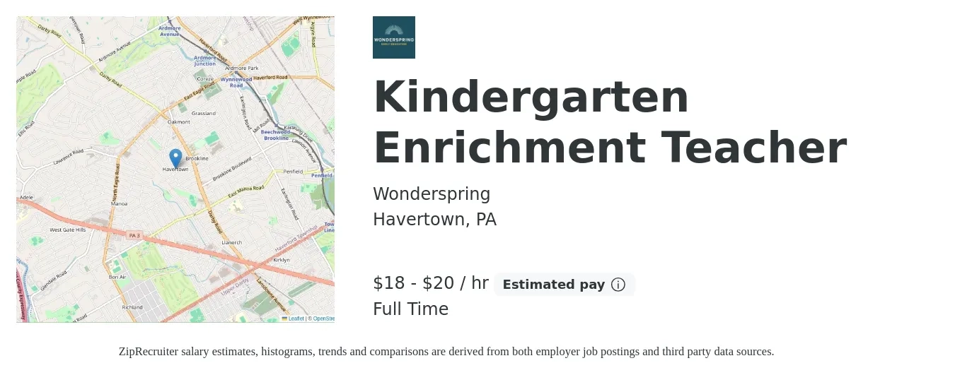 Wonderspring job posting for a Kindergarten Enrichment Teacher in Havertown, PA with a salary of $19 to $21 Hourly with a map of Havertown location.