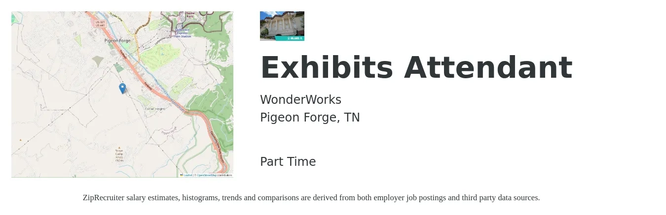 WonderWorks job posting for a Exhibits Attendant in Pigeon Forge, TN with a salary of $13 to $16 Hourly with a map of Pigeon Forge location.