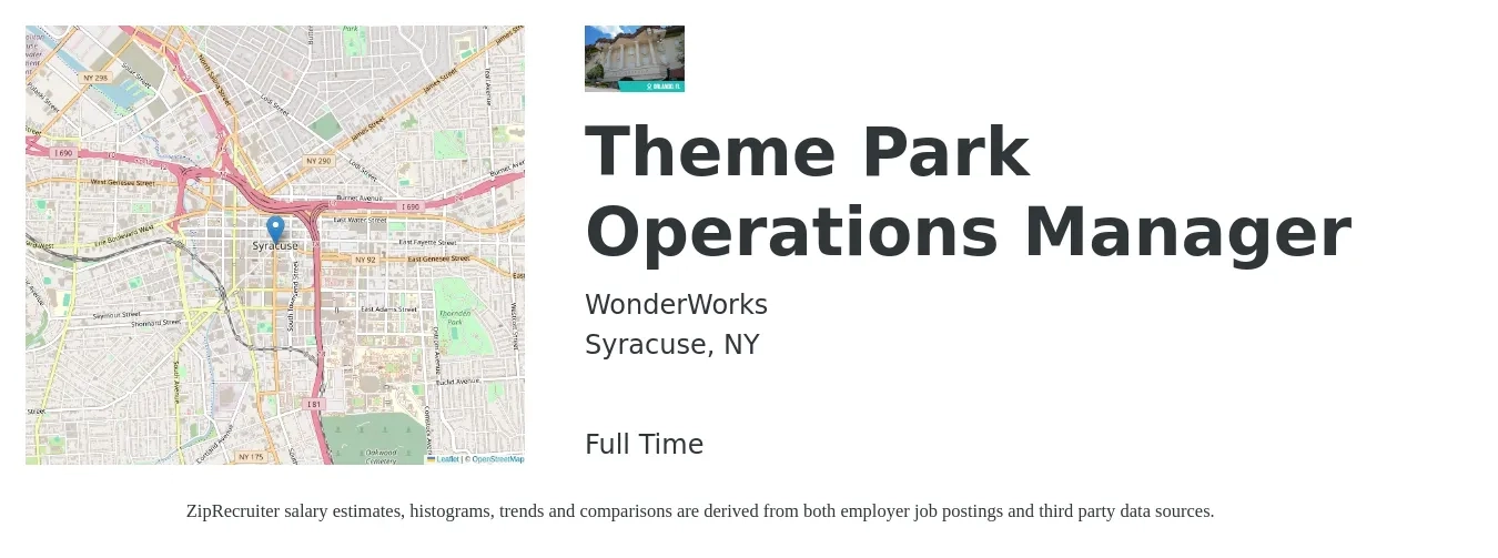 WonderWorks job posting for a Theme Park Operations Manager in Syracuse, NY with a salary of $52,000 to $65,900 Yearly with a map of Syracuse location.