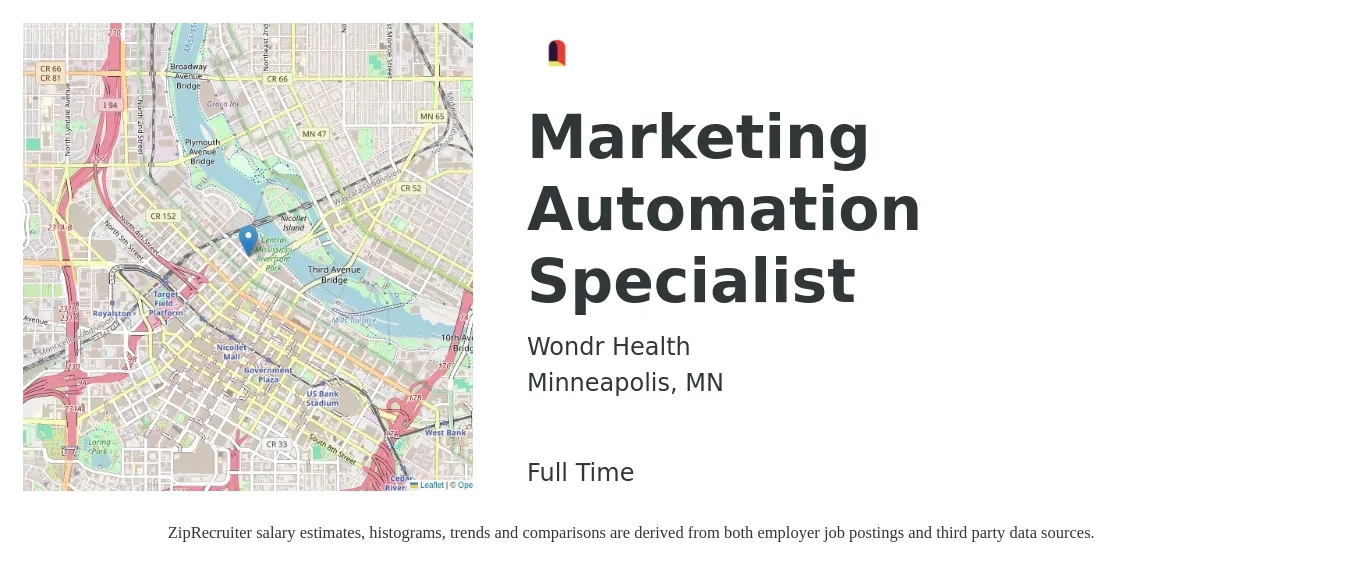 Wondr Health job posting for a Marketing Automation Specialist in Minneapolis, MN with a salary of $64,700 to $88,200 Yearly with a map of Minneapolis location.