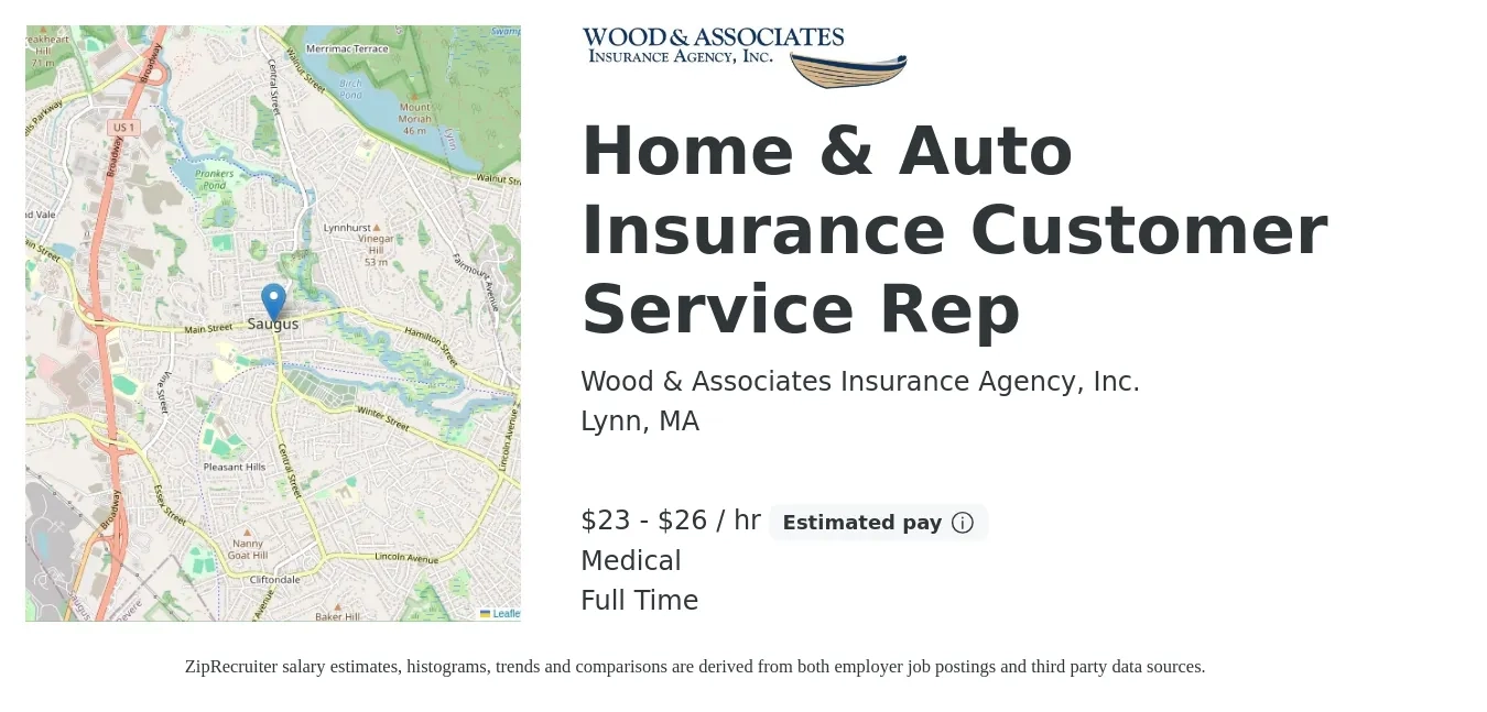 Wood & Associates Insurance Agency, Inc. job posting for a Home & Auto Insurance Customer Service Rep in Lynn, MA with a salary of $24 to $28 Hourly and benefits including medical, and retirement with a map of Lynn location.