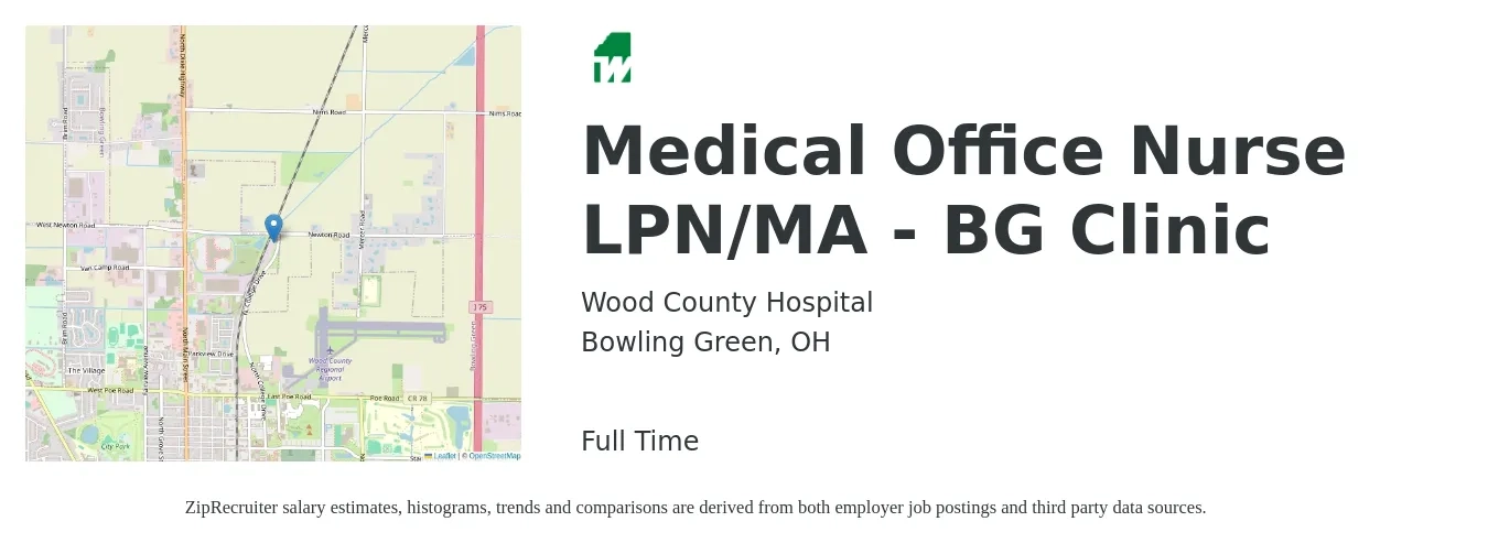 Wood County Hospital job posting for a Medical Office Nurse LPN/MA - BG Clinic in Bowling Green, OH with a salary of $24 to $33 Hourly with a map of Bowling Green location.
