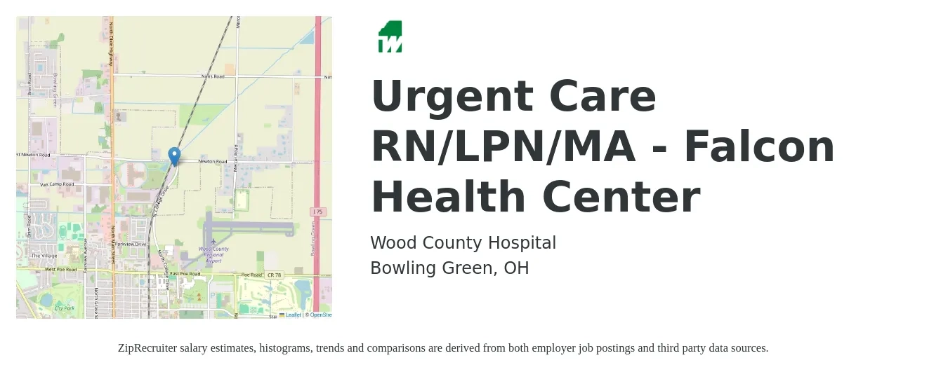 Wood County Hospital job posting for a Urgent Care RN/LPN/MA - Falcon Health Center in Bowling Green, OH with a salary of $26 to $35 Hourly with a map of Bowling Green location.