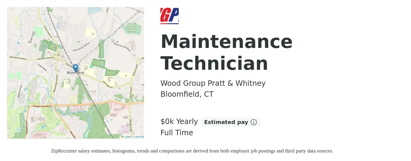 Wood Group Pratt & Whitney job posting for a Maintenance Technician in Bloomfield, CT with a salary of $30 to $38 Yearly with a map of Bloomfield location.