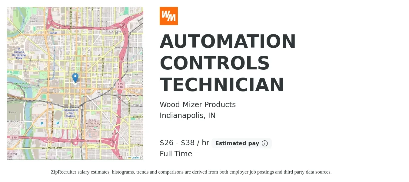 Wood-Mizer Products job posting for a AUTOMATION CONTROLS TECHNICIAN in Indianapolis, IN with a salary of $28 to $40 Hourly with a map of Indianapolis location.