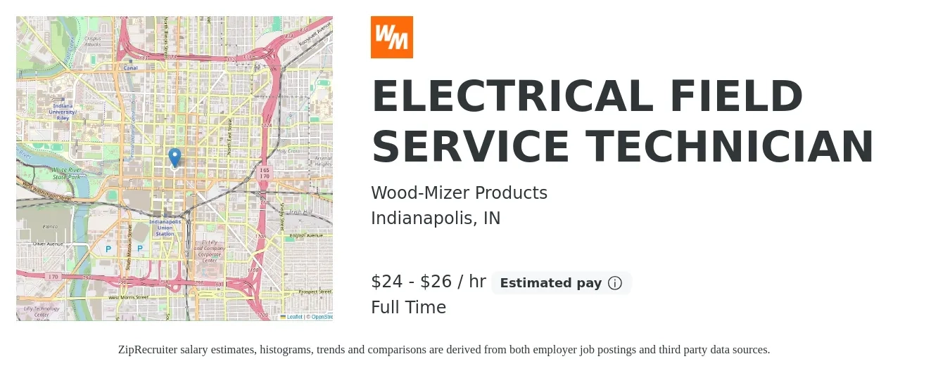 Wood-Mizer Products job posting for a ELECTRICAL FIELD SERVICE TECHNICIAN in Indianapolis, IN with a salary of $25 to $28 Hourly with a map of Indianapolis location.