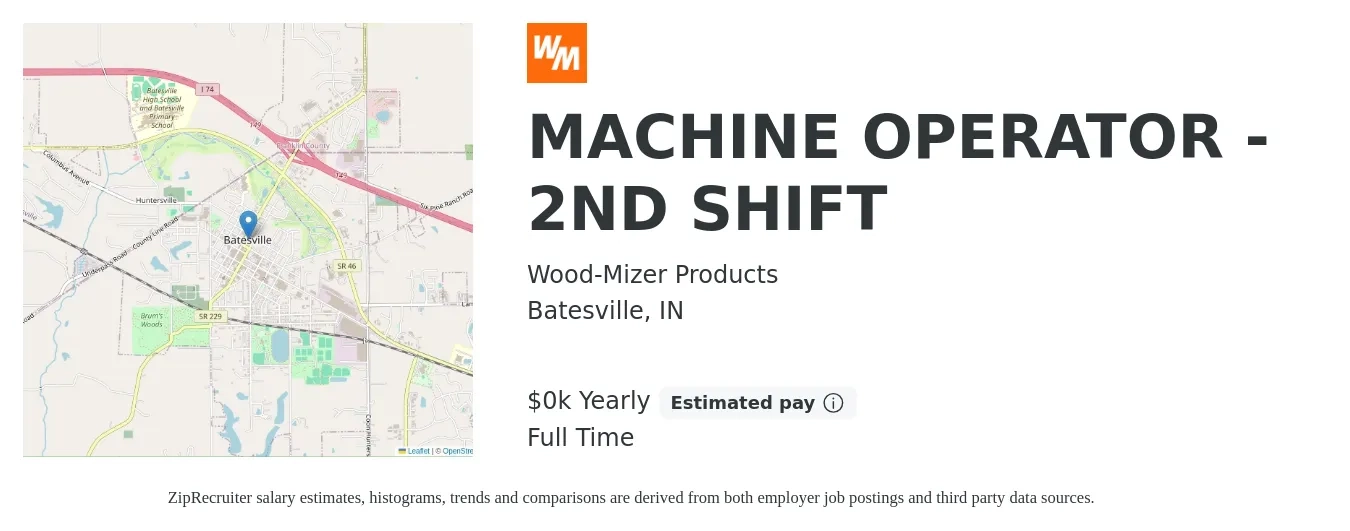 Wood-Mizer Products job posting for a MACHINE OPERATOR - 2ND SHIFT in Batesville, IN with a salary of $19 to $21 Yearly with a map of Batesville location.