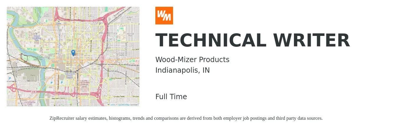 Wood-Mizer Products job posting for a TECHNICAL WRITER in Indianapolis, IN with a salary of $57,000 to $71,000 Yearly with a map of Indianapolis location.