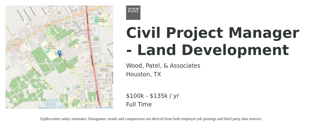Wood, Patel, & Associates job posting for a Civil Project Manager - Land Development in Houston, TX with a salary of $100,000 to $135,000 Yearly with a map of Houston location.