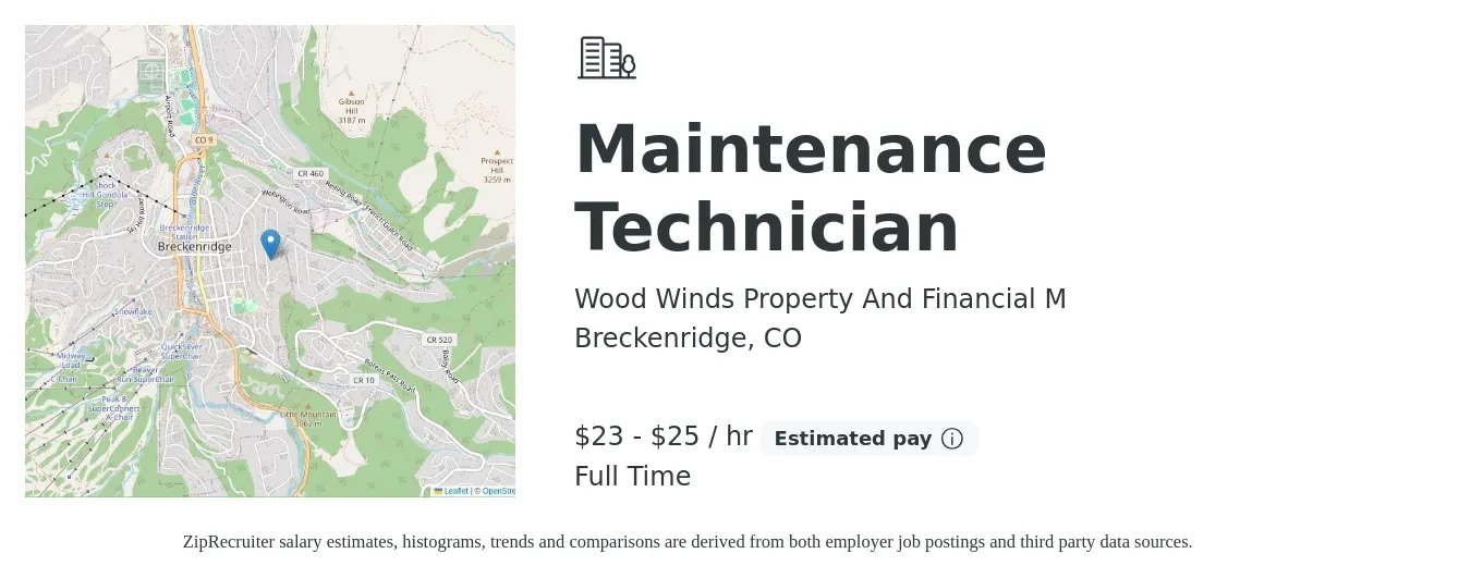 Wood Winds Property And Financial M job posting for a Maintenance Technician in Breckenridge, CO with a salary of $24 to $26 Hourly with a map of Breckenridge location.