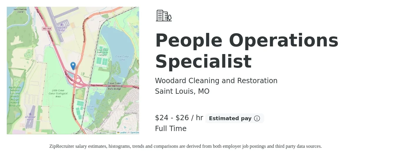Woodard Cleaning and Restoration job posting for a People Operations Specialist in Saint Louis, MO with a salary of $52,000 to $58,000 Yearly with a map of Saint Louis location.
