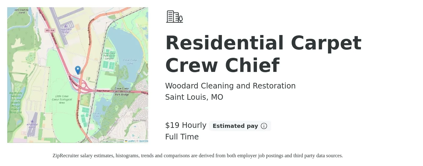 Woodard Cleaning and Restoration job posting for a Residential Carpet Crew Chief in Saint Louis, MO with a salary of $20 Hourly with a map of Saint Louis location.